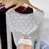 Camisa de Encaje Ligeramente Transparente Sexy con Cuello Redondo para Mujer Blusa de Manga Larga con Flores Holgada Nueva Sexy Ajustada Tops Interiores Dulces Camisetas Transparentes
