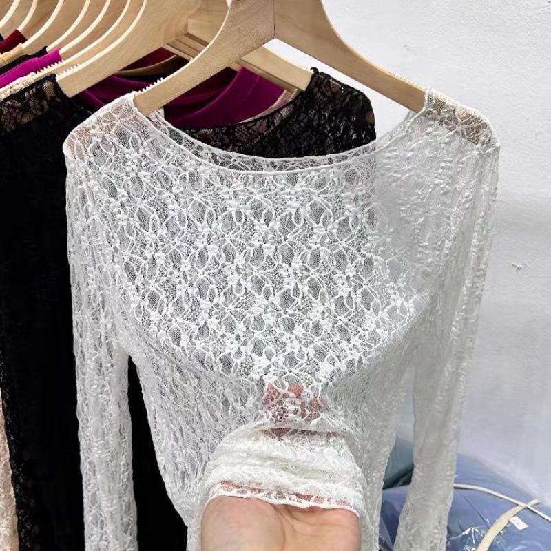 Camisa de Encaje Ligeramente Transparente Sexy con Cuello Redondo para Mujer Blusa de Manga Larga con Flores Holgada Nueva Sexy Ajustada Tops Interiores Dulces Camisetas Transparentes