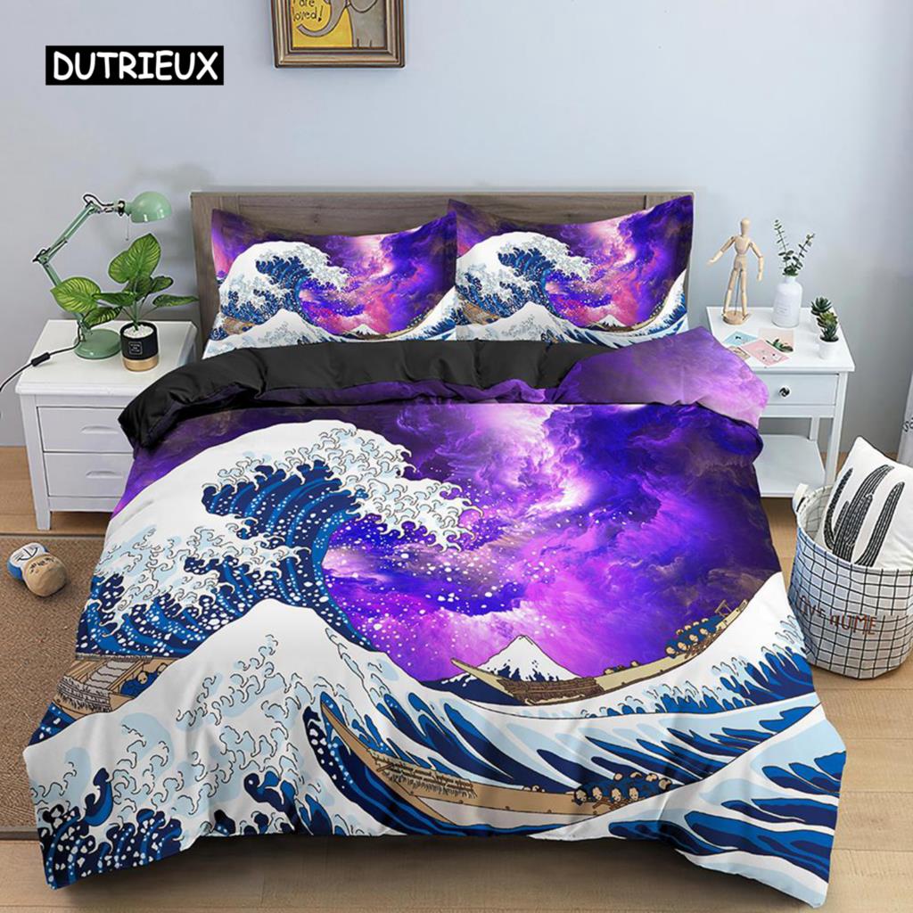 Wave Duvet Cover Set for Kids Teens Adult King Size Abstract Blue Ocean Comforter Cover Waves Sailing Moon Polyester Bedding Set