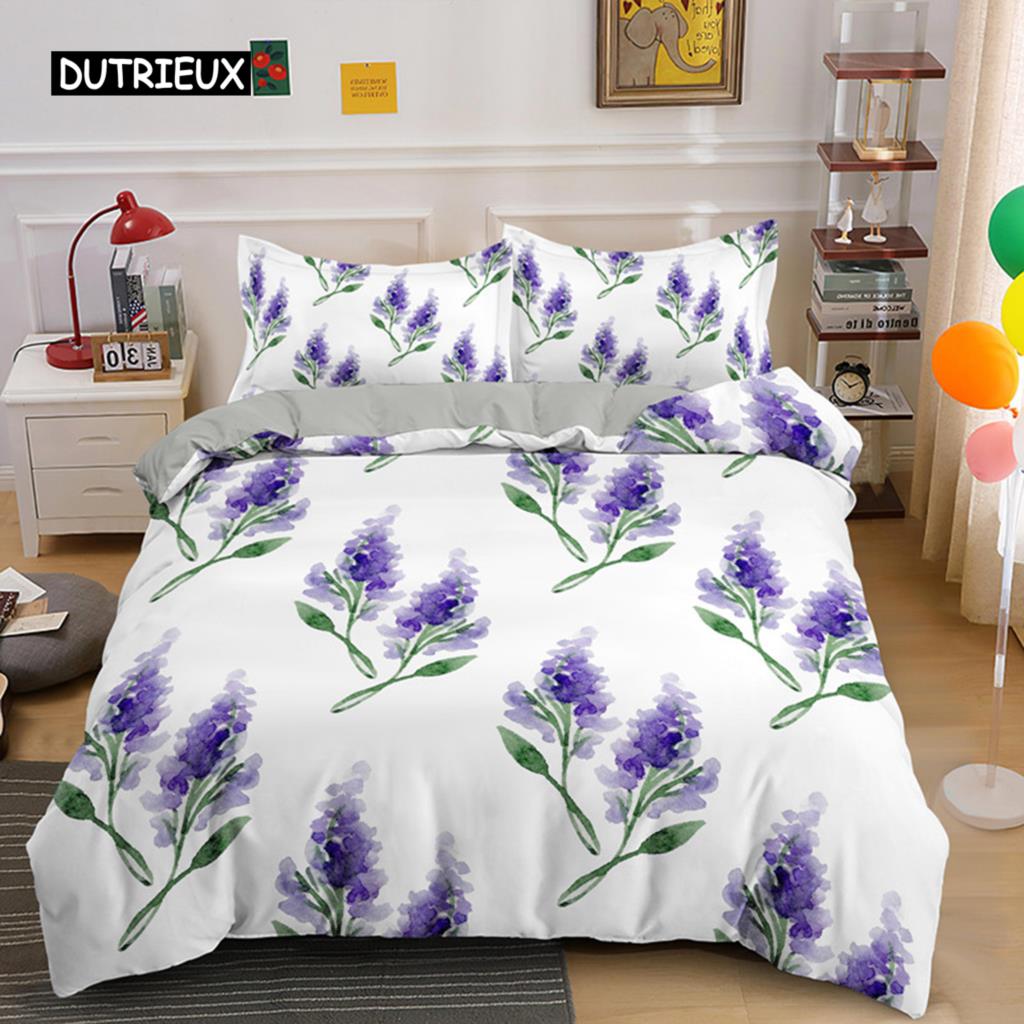 Purple Lavender King Queen Duvet Cover Fantasy Flowers Bedding Set Girls Women Beautiful Romantic Floral Polyester Quilt Cover