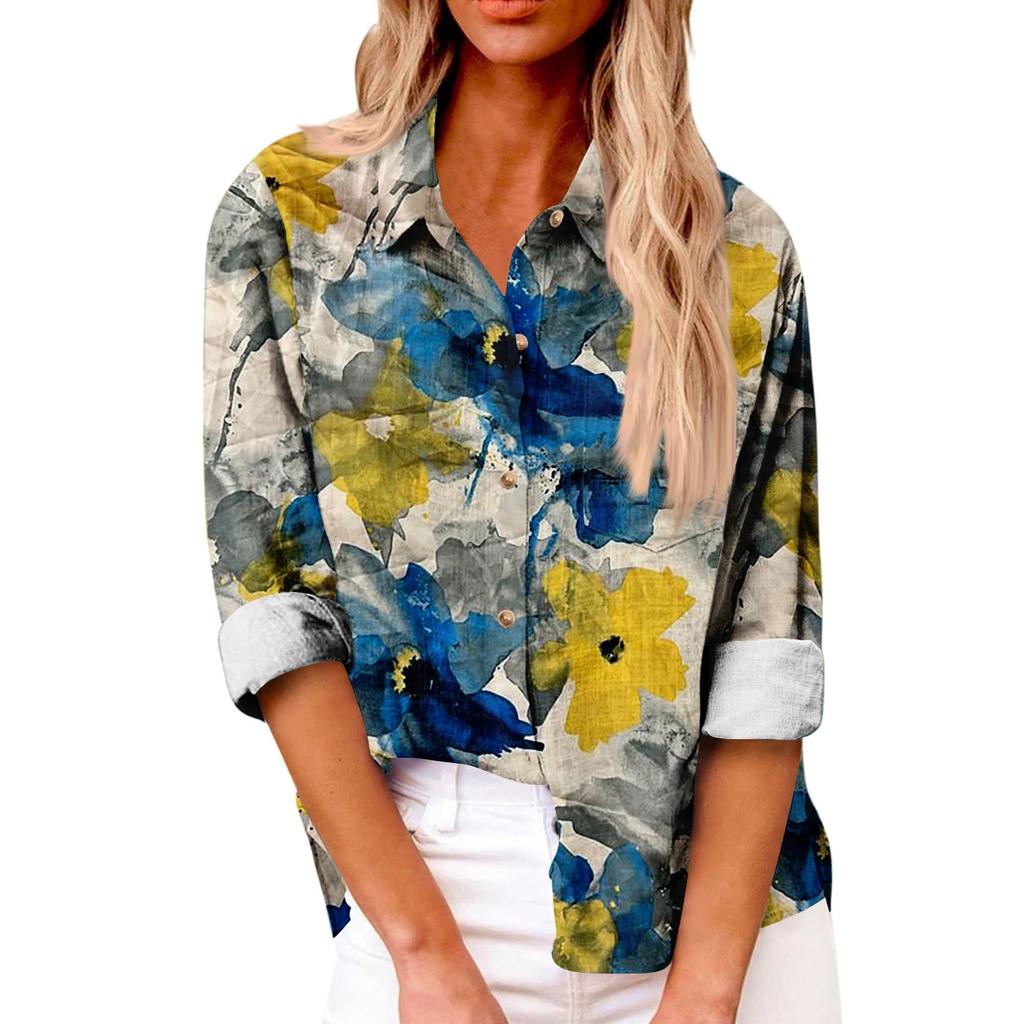 Women's Loose Floral Print Stand Collar Long Sleeve Cotton And Linen Top
