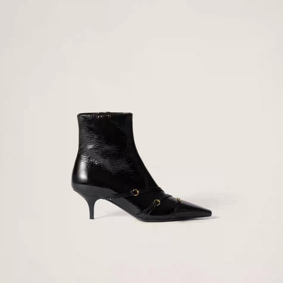 Modă Botine noi cu vârf ascuțit, toc subțire, cu toc înalt pentru femei, negre cu toc înalt, piele lăcuită, fermoar lateral, tendință botine slim