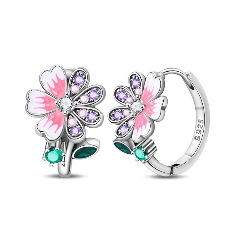 New 925 Silver Sparkling Pink Heart-Shaped Flower Women Earring Brilliant Wedding Engagement Star Earrings Jewelry Gift