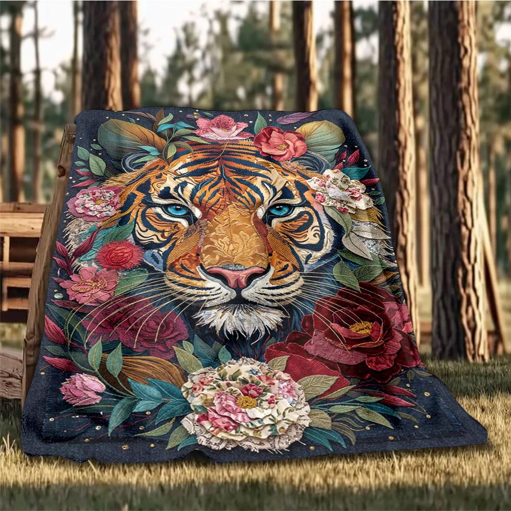1pc Tiger FlowersOutdoor Blanket, Soft And Comfortable Blanket, Casual Warm Outdoor Blanket, Good Birthday Gift Yy260328088