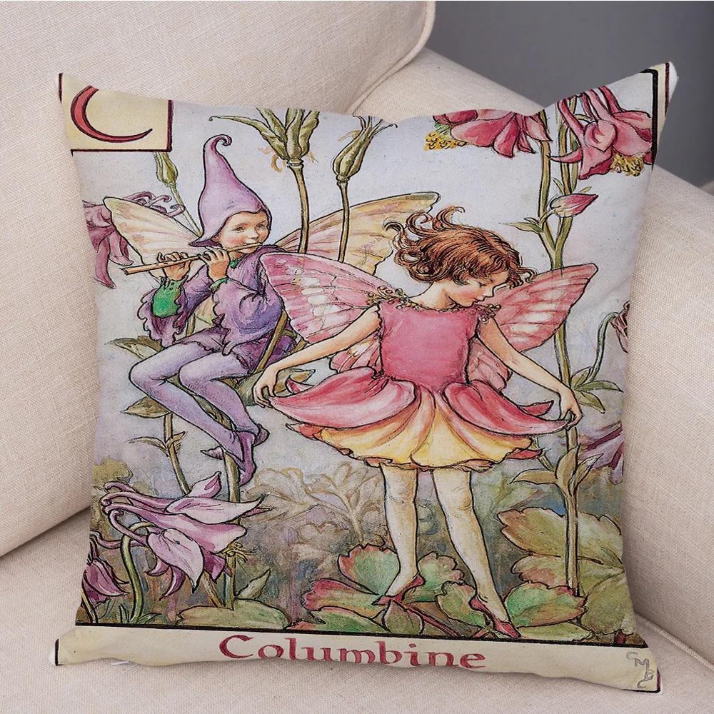 Vintage Floral Girl Pillowcase Decor Cute Cartoon Flower Elf Fairy Tale for Sofa Home Pillow Case Soft Plush Cushion Cover