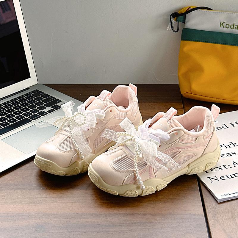 Round head super easy to wear dad sneakers spring and autumn new mesh breathable candy color little white shoes