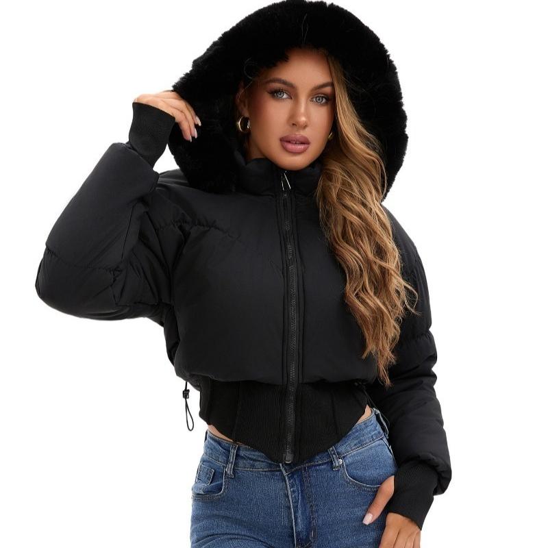 Inverno Giacca Corta Imbottita in Cotone con Cappuccio e Grande Collo in Pelliccia da Donna, Spessa e Calda, con Design in Vita