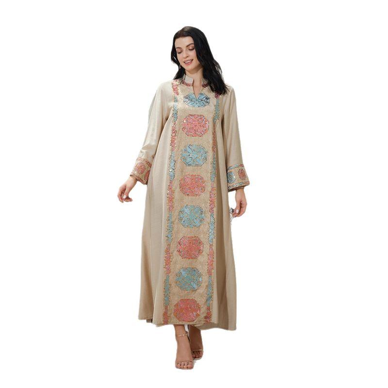 New Middle East Robe Women Clothes Fashion Casual Loose Print Sequins Dress Embroidered Dress