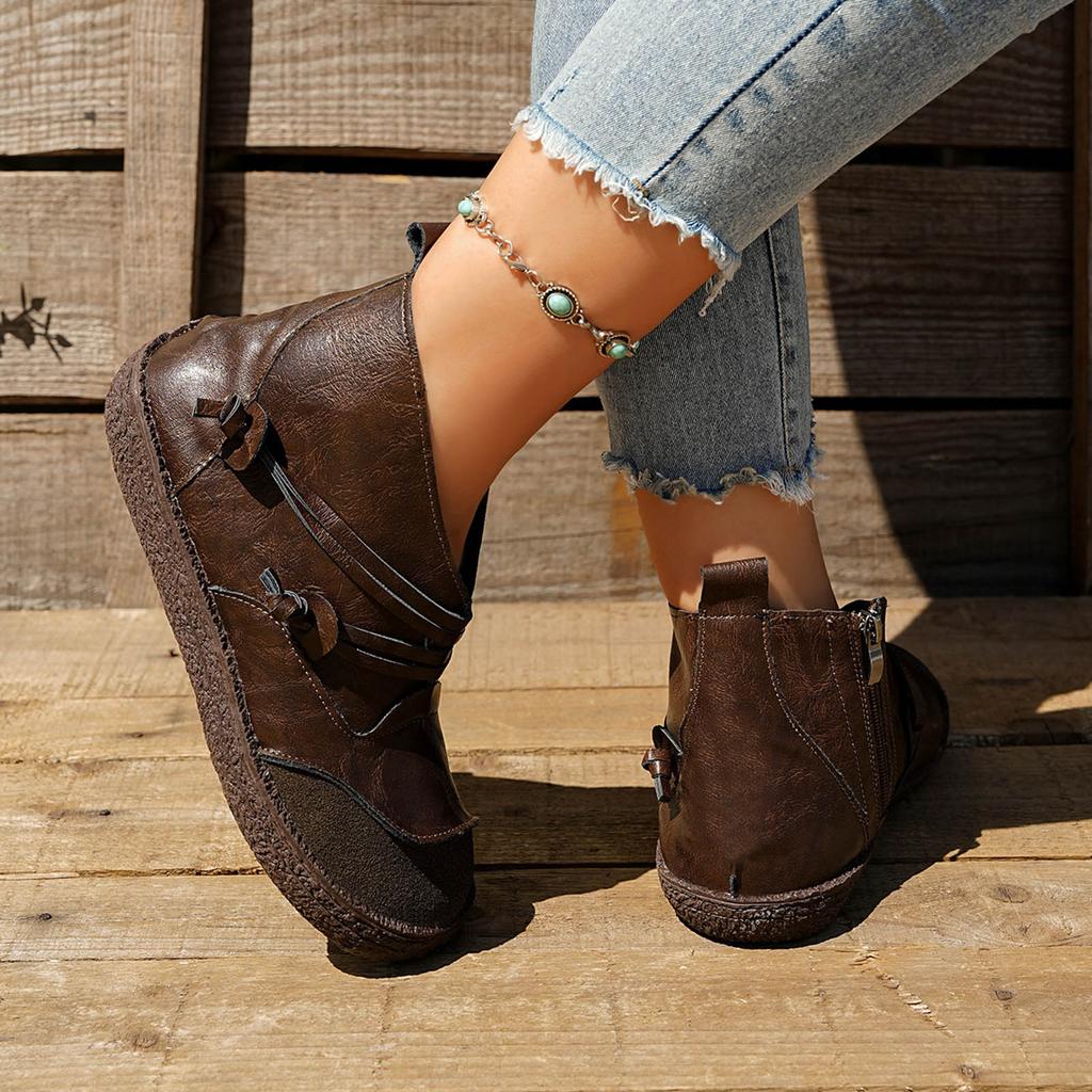 Women Ankle Boots Spring Autumn Sewing PU Zipper Flat With Modern Boots Vintage Patchwork Street Style Outdoor Women Shoes
