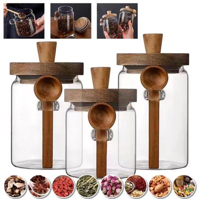 Food Storage Container Glass Jar with Wooden Lid & Scoop Grain Spice Coffee Bean