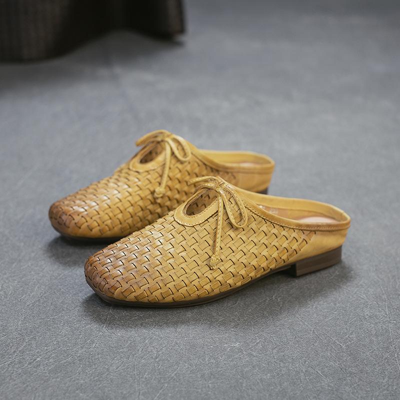 Johnature Pantofole da esterno intrecciate in vera pelle stile retrò, scarpe slip-on da donna leggere e versatili