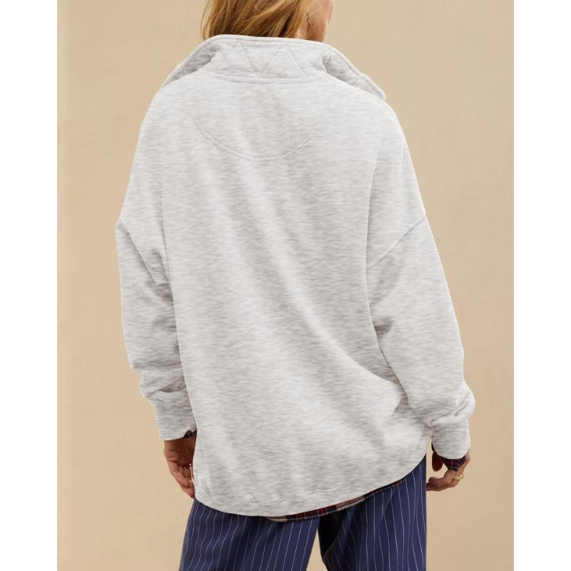 Womens Loose Half Button Collar Long Sleeve Casual Sweatshirt