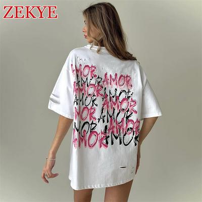 Zekye Wycięty Letni Luźny T-shirt Krótki Rękaw Vintage Grunge Oversize Estetyczny Streetwear Strój Top Retro Casual Długi