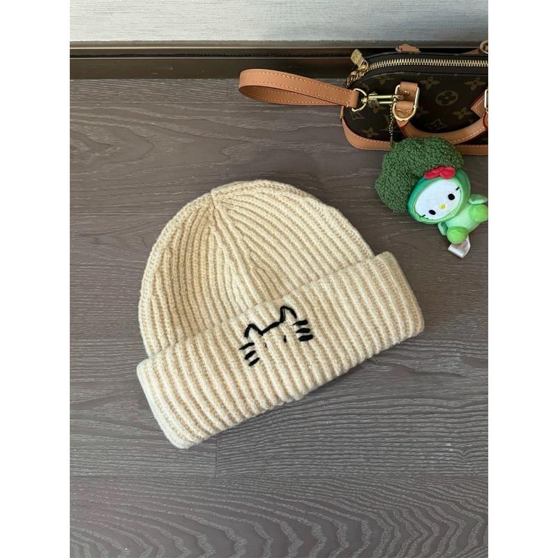 Line Kitten Cute Woolen Hat for Women in Autumn and Winter Warm and Windproof  Versatile Simple Ear Protection Hat Knitted Hat  Cold Hat