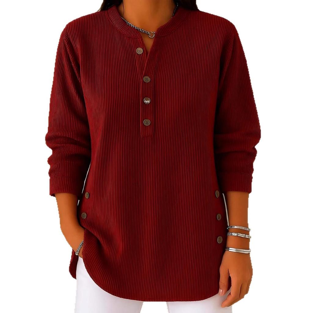 2025 Autumn-Winter Women's V-Neck Corduroy Button-Up Long Sleeve Casual Top