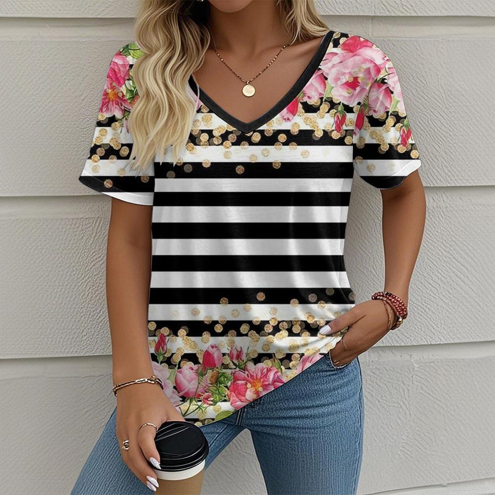 Women's T-Shirt Stripes And Floral Graphics Retro Fashion Classic Casual Short-Sleeved Oversized V-Neck Summer Women's Clothing