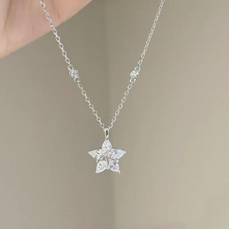 Silver Star Necklace for Women - Shiny Zircon Star Pendant Chain