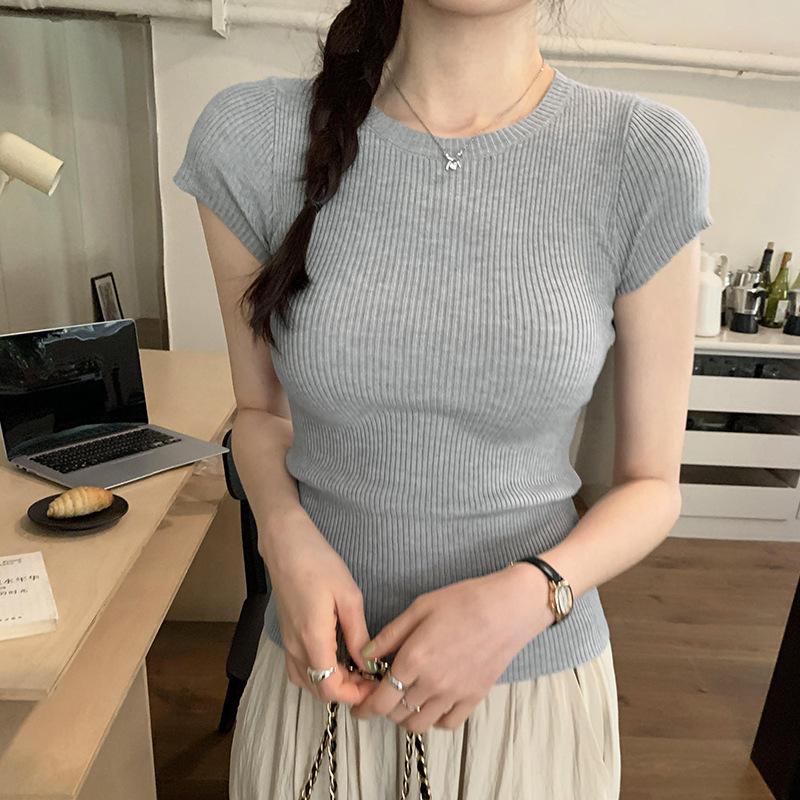 Simple and Versatile Short-sleeved T-shirt Women's Top Solid Color Round Neck Slim Fit Slim Elastic Sweater Top for For Women