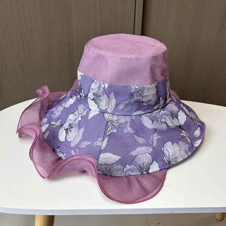 Summer fungus edge elegant large edge mesh yarn hat women's printing sunscreen beach hat foldable travel shade hat