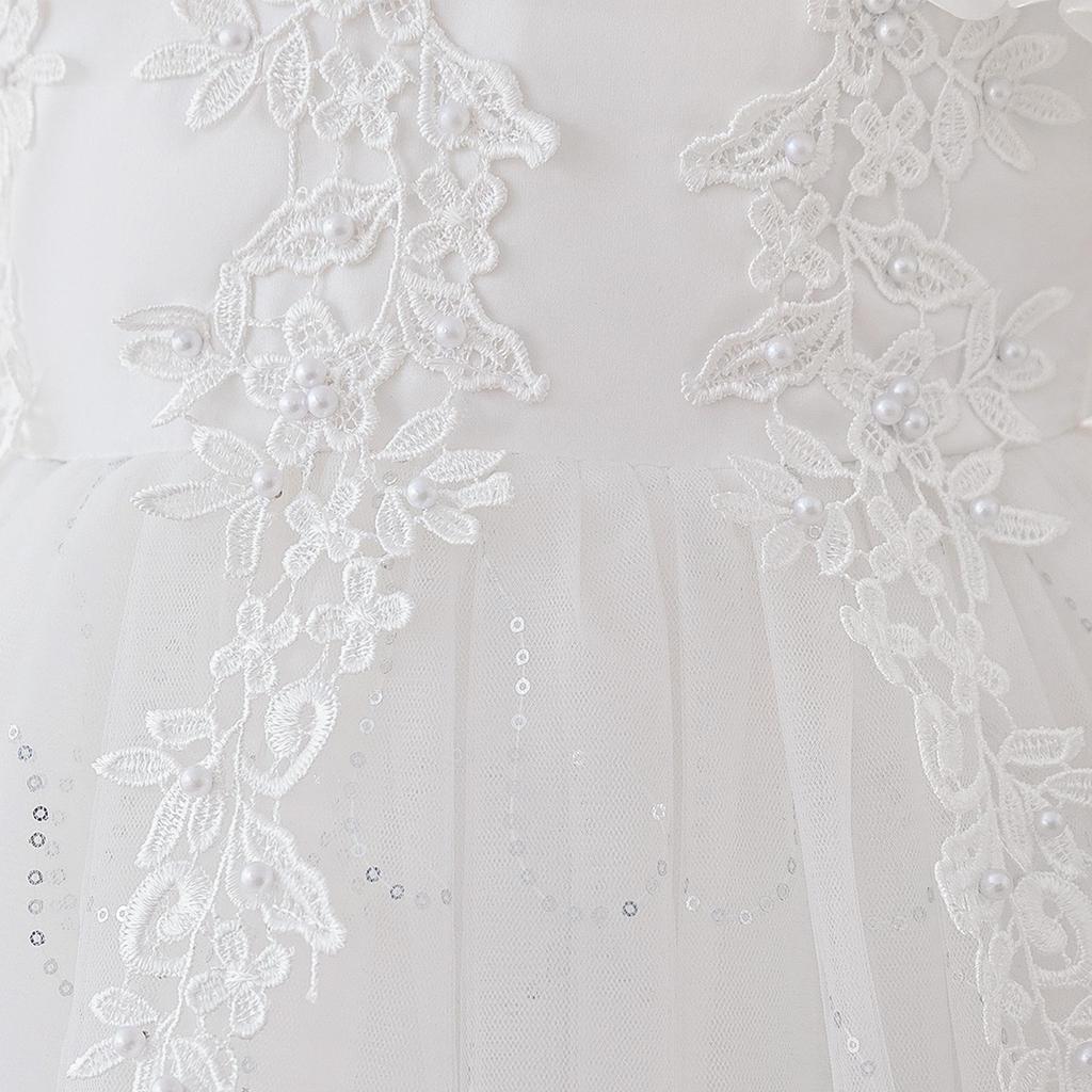 Abito da Principessa Ricamato con Perle per Bambina 4-12 Anni Moda Spalle Scoperte Manica a Sbuffo Abito in Rete Compleanno Matrimonio Damigella