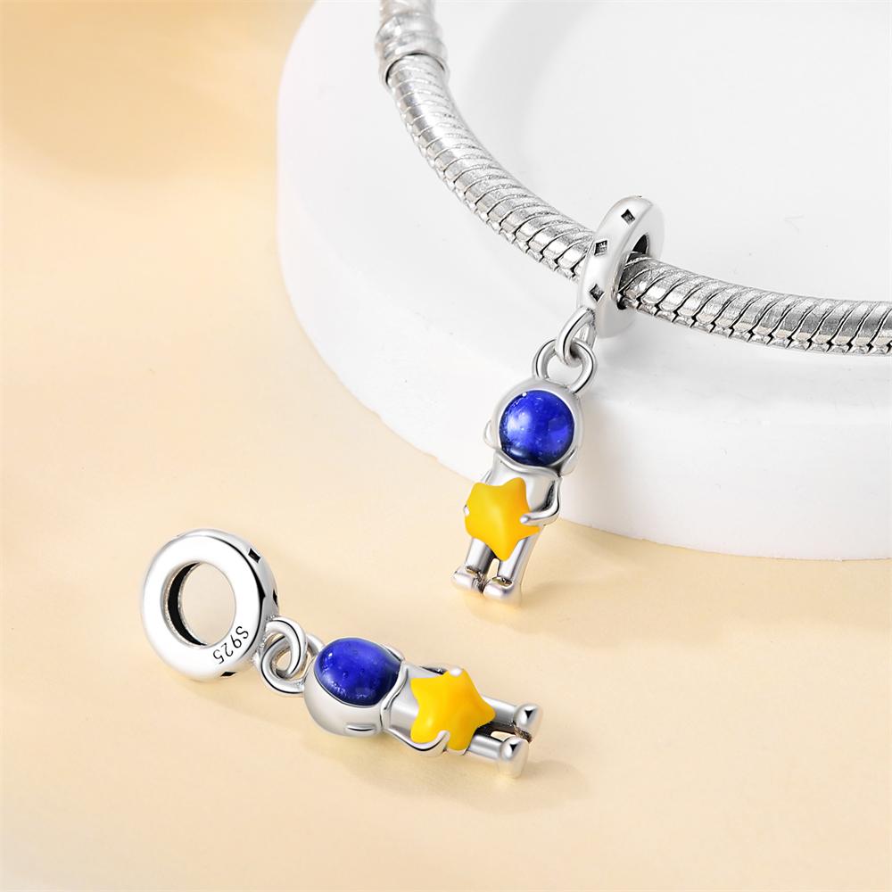 Original Copper Charms Luxury Blue Astronaut Pendant Yellow Stars Beads Fit Bracelet Diy Women Making Delicate Gift