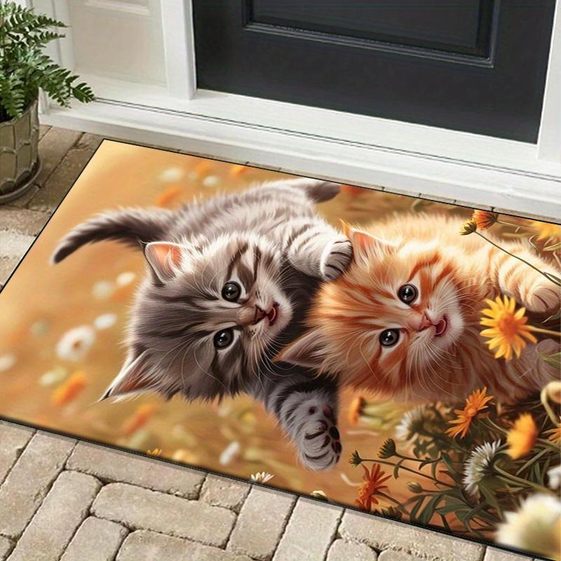 Flower Garden Kittens Rug for Playful Home Decor - Adorable 3D Cat Design Floor Mat, Brighten Up Any Room with Charming Pets