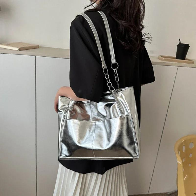 Casual Handbags for Women New Large-capacity Shoulder Bags Texture Bright Pu Leather Tote Bags for Women Chain Elegant Bags