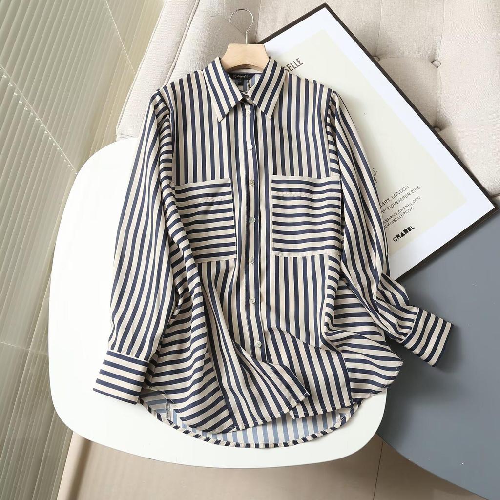 2025 Spring Women's Asymmetrical Striped Turn-Down Collar Long-Sleeve Shirt
