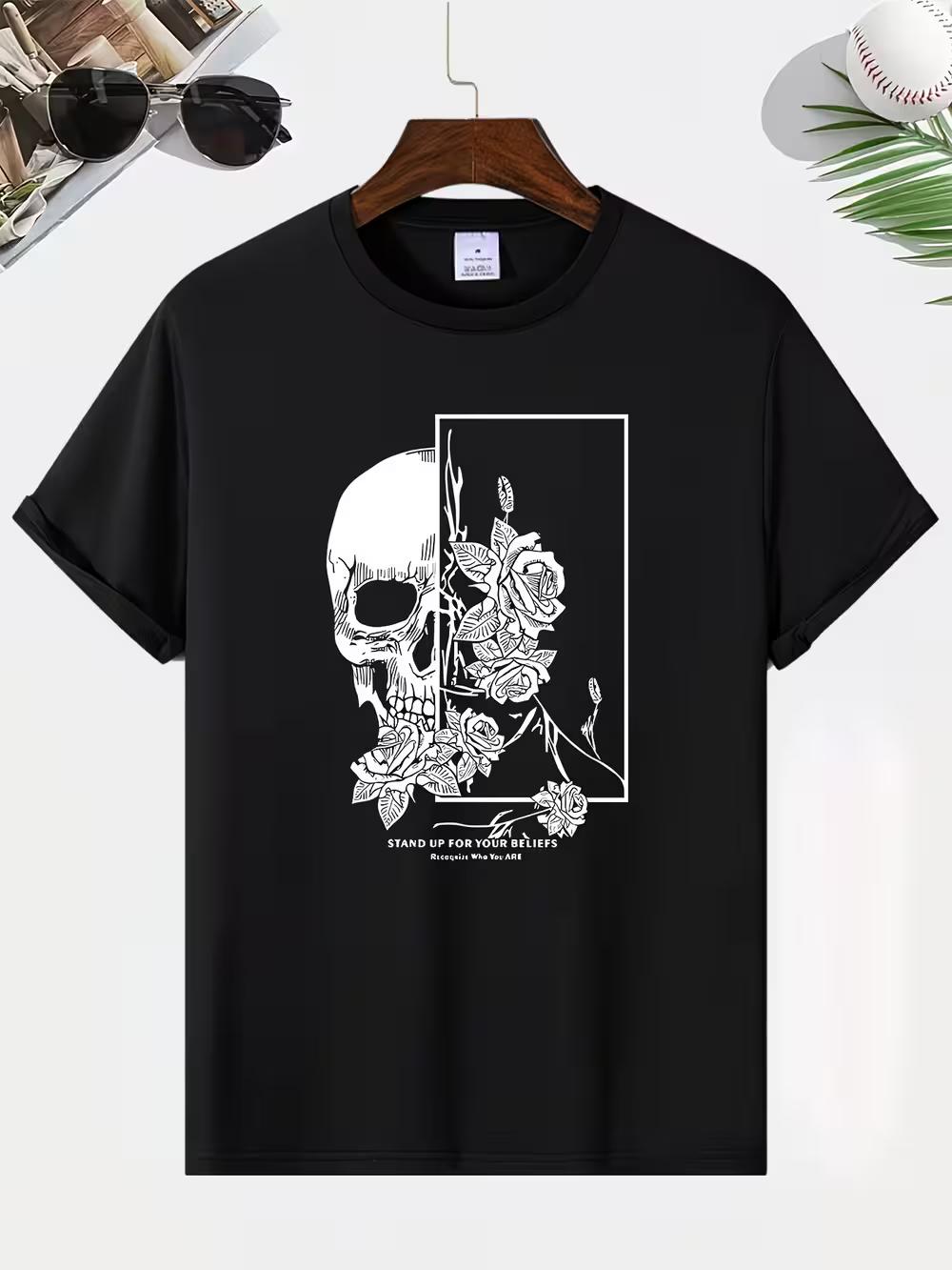 Men S New Style T-Shirt Featuring a Unique Rose Skull Print M