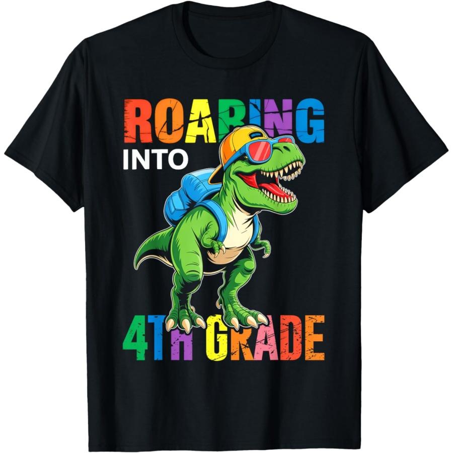 Roaring Into 4th Grade Boys Dinosaur T Rex Back to School T-Shirt S