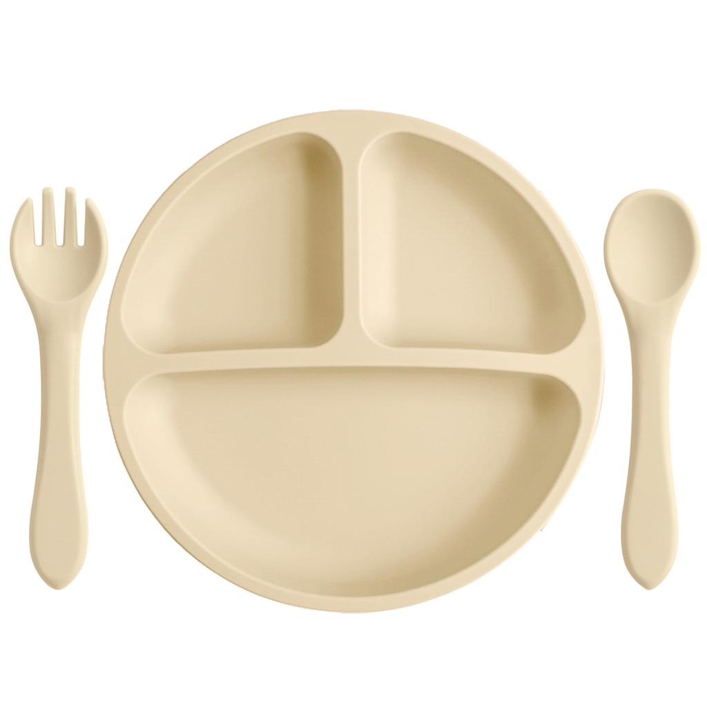 Color Kids 3PCS Silicone Baby Feeding Set Suction Plate Wooden Spoon Fork BPA Free Training Tableware Dish Bowl Gift Set