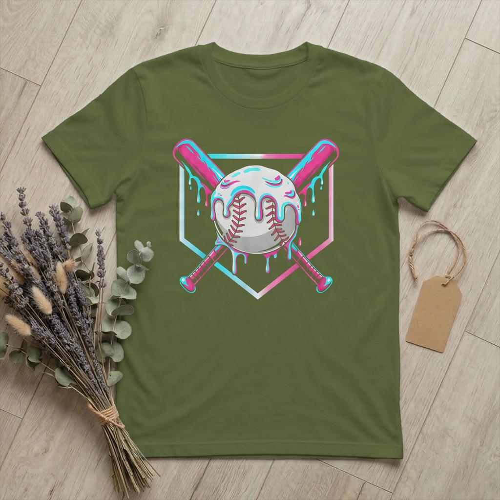 Hipster Baseball Sport Ice Cream Drip TShirts for Unisex Round Collar Pure Cotton T Shirts Funny Meme Short Sleeve Tees Clothing