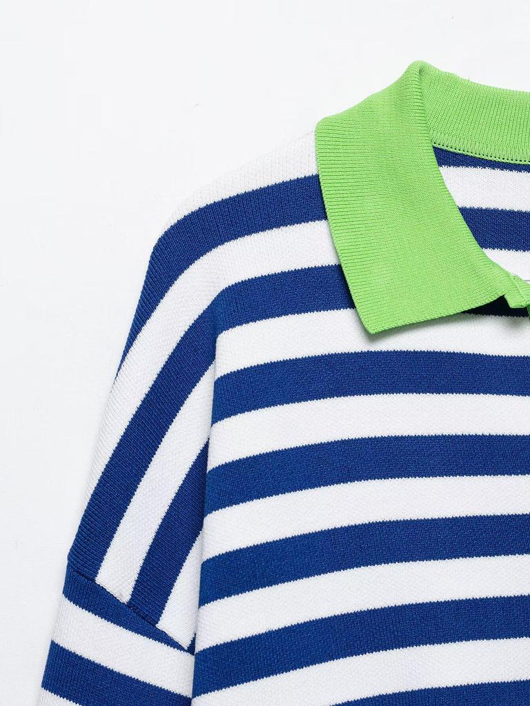 Europäischer Stil Damen Locker Gestreifte Revers Strickware 2026
