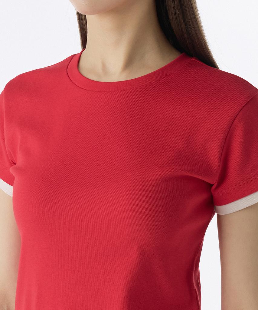 MUSINSA STANDARD WOMAN Women'S Layered Hem Slim T-Shirt [Red/Cream]