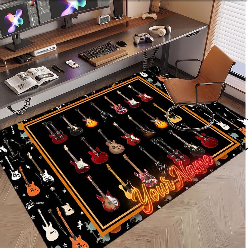 Music Guitar Theme Soft Crystal Velvet Rug Custom Name & Text Print Non Slip Floor Rug for Bedroom Living Room