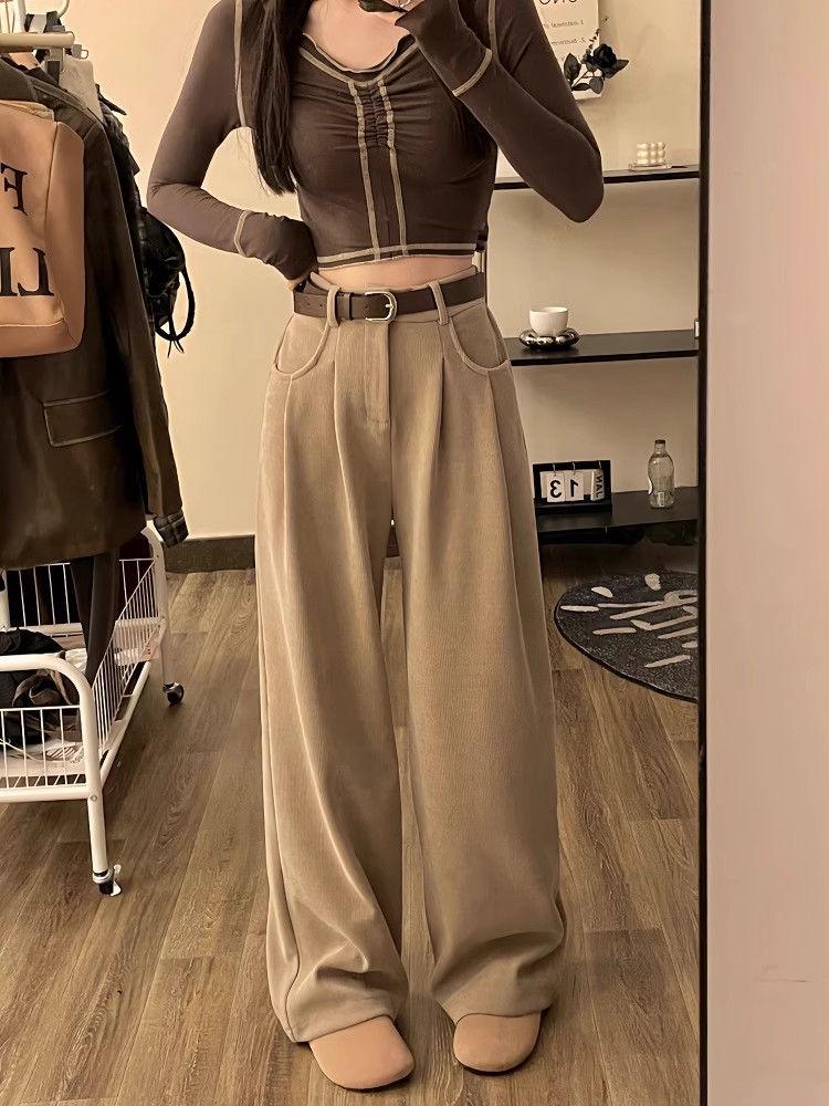 Meilard Women's High-Waisted Wide-Leg Corduroy Pants - Spring/Fall Style, Slimming, Loose Fit.