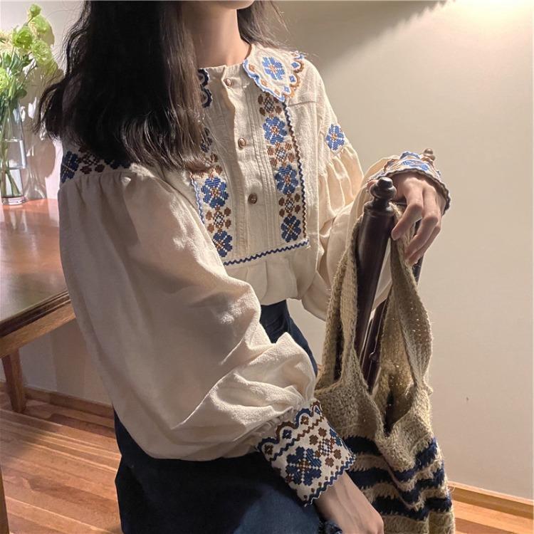 Retro Embroidered Denim Shirt & Lace Asymmetrical Fishtail Skirt Set for Spring & Autumn
