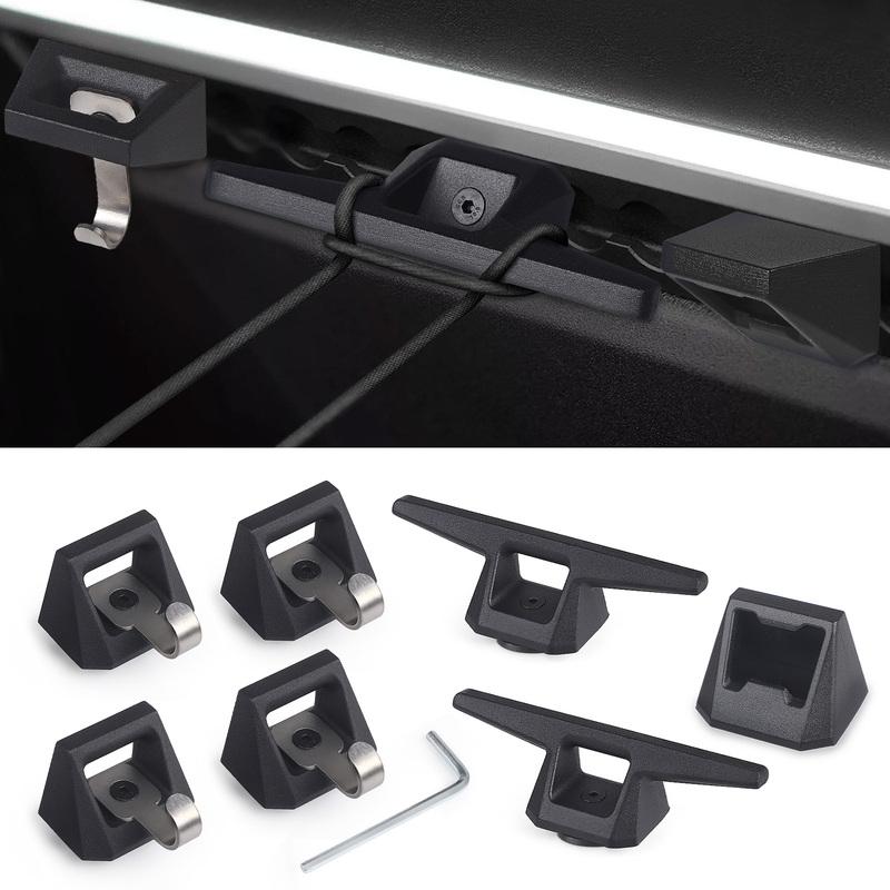 For Tesla Cybertruck 2024 Car Equipment 4 Hooks 2 D-rings 1 Opener Black Aluminum Rear Bucket Pull Ring Track Accessories Set