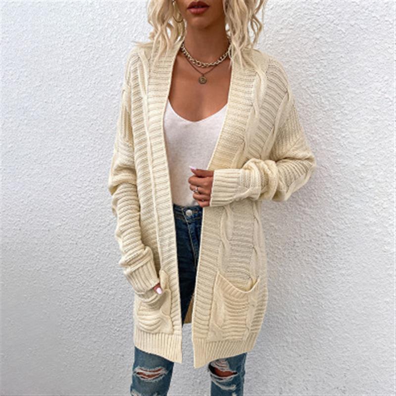 Women's Cable Knit Cardigan - Mid-Length, Twisted Rope Design for Autumn/Winter 2023