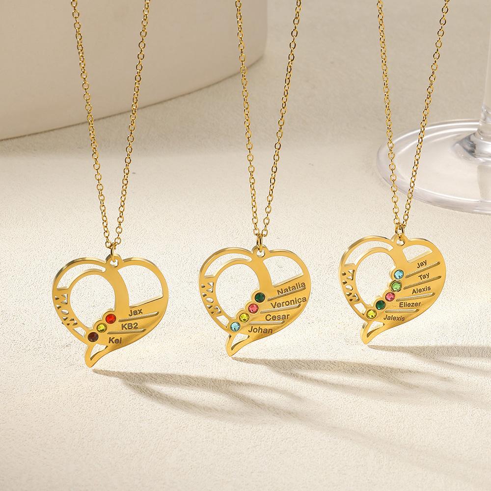 Engraved Family Name Necklace Custom Heart Birthstone Necklace For Mom Jewelry Gold Color Stainless Steel Fashion Birthday Gifts