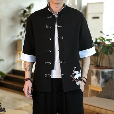 Summer Crane Embroidery Top Traditional Shirts Men Traditional Linen Casual Tang Suit Cardigan Men Chinese Style Retro Kung Fu Blouses Men