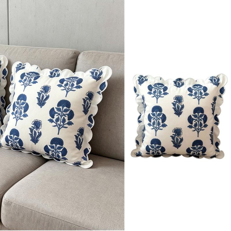 Blue White Flower Print Square Cushion Cover Craft Of Polyester With Ruffled Edges Design