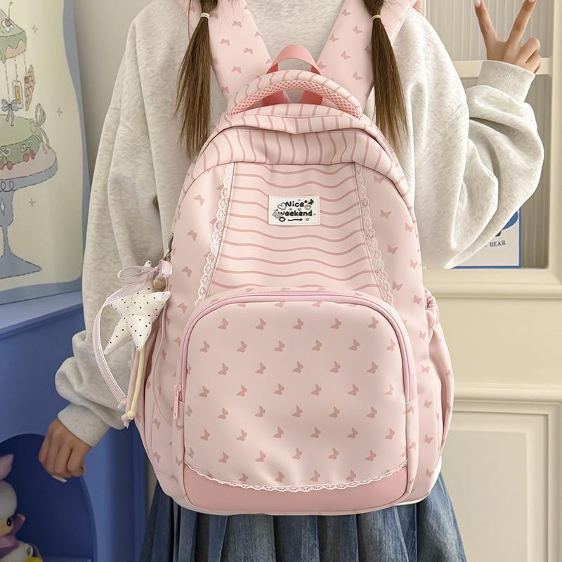 Schoolbag Striped Stars Backpack Schoolgirl Class School Bag Commuter Bag Outdoor Leisure Travel Lace Bow Backpack