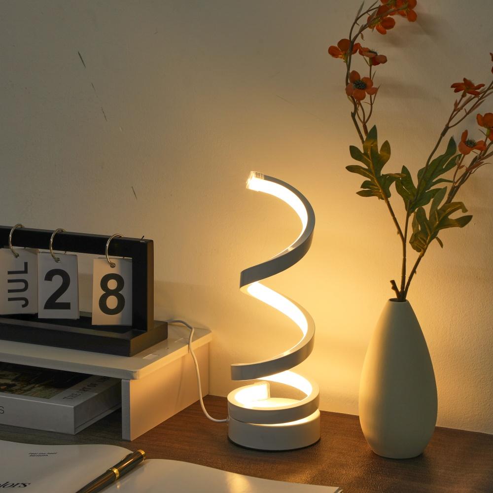 A modern, elegant white spiral desktop lamp, powered by USB with three-color dimming, suitable for various types of rooms.