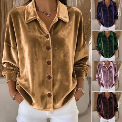 Velvet Texture Long Sleeve Lapel Shirt Women Loose Fit Solid Color Tops Button Placket Commuter Work Wear Blouse