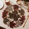 1-5pcs Embroidered Thanksgiving Placemat W/ Lace Maple Leaf Pattern Table Mat Round Fall Table Mat for Home Party Decor 35x35cm