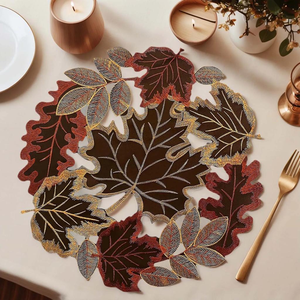 1-5pcs Embroidered Thanksgiving Placemat W/ Lace Maple Leaf Pattern Table Mat Round Fall Table Mat for Home Party Decor 35x35cm
