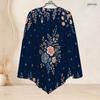 Women Plus Size Round Neck Long Sleeve T Shirt Dark Green Gold Floral Printed Asymmetric Hem Button Detail