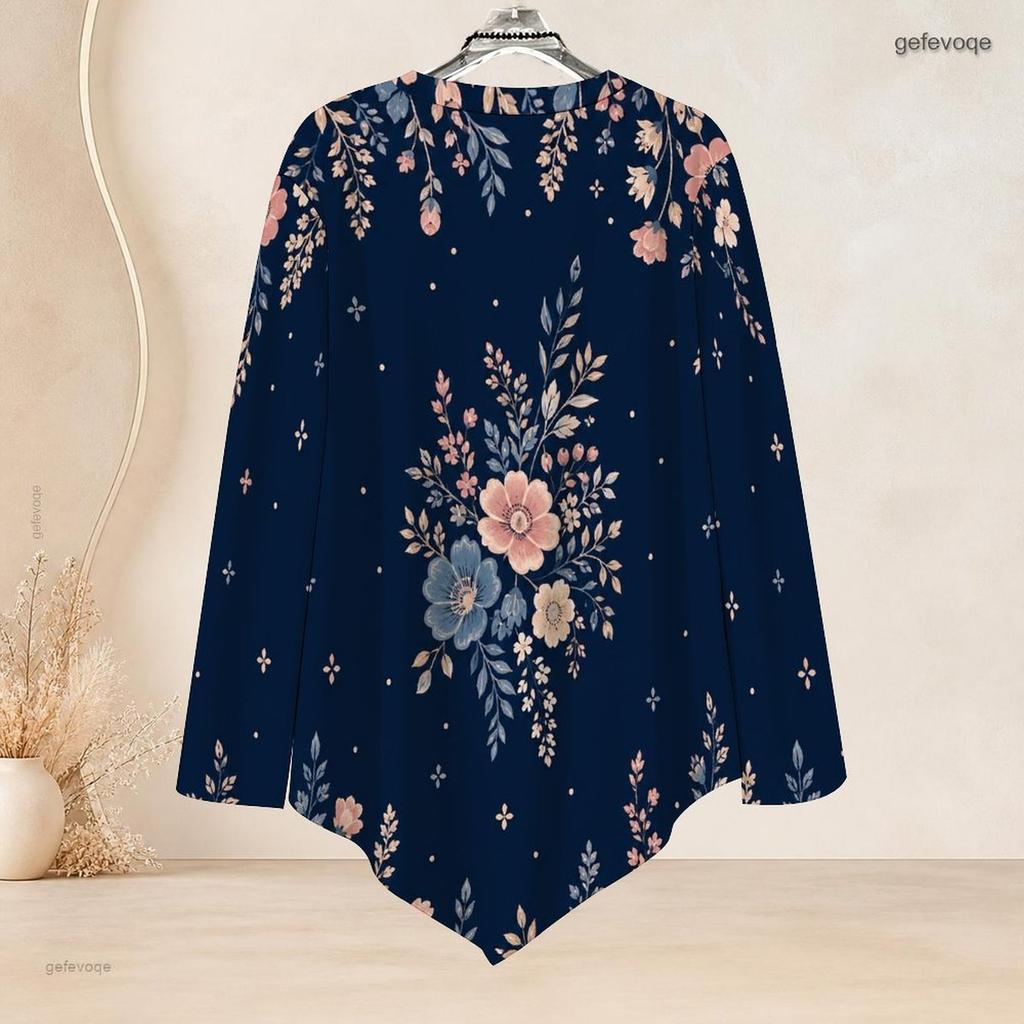 Women Plus Size Round Neck Long Sleeve T Shirt Dark Green Gold Floral Printed Asymmetric Hem Button Detail