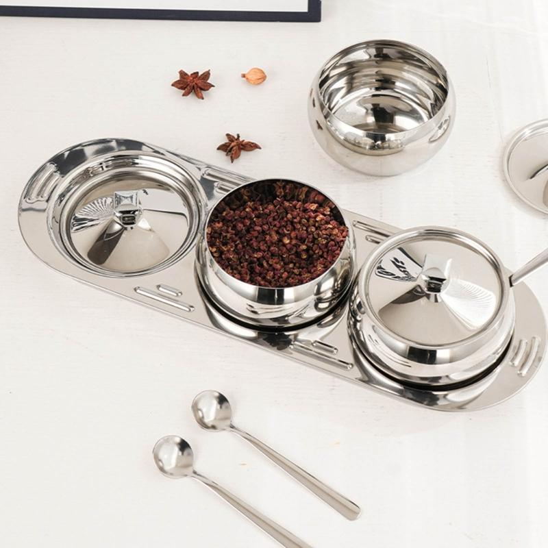 Durable 304 Stainless Steel Condiment Container Set With Lid And Spoons Spices Storage Solution For Home Use